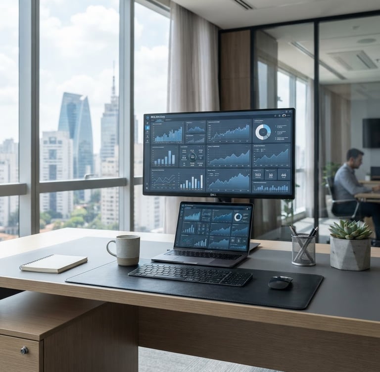 Modern workspace in Brazil, clean desk with digital devices showing financial dashboards, bright natural daylight, cool blue and slate gray tones, sharp focus, professional editorial.
