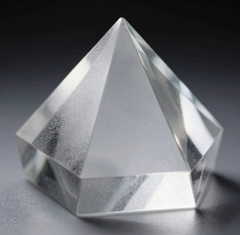 Extreme macro close-up of a frosted glass geometric prism refracting stark white studio light, clinical monochrome laboratory aesthetic