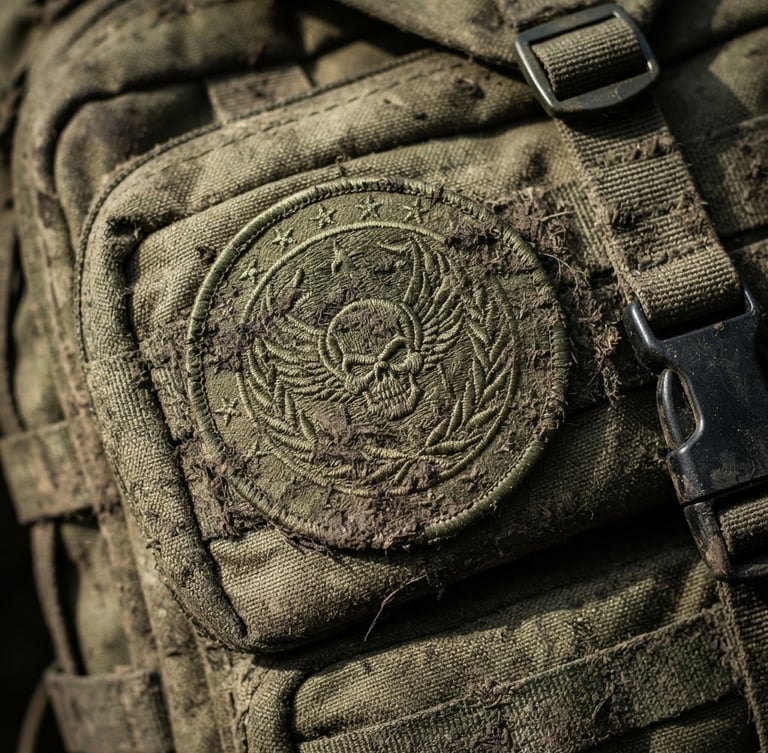 Tactical product photography, macro shot of an olive green embroidered military patch attached to a rugged Cordura backpack, hard dramatic side lighting, mud splashes, 35mm