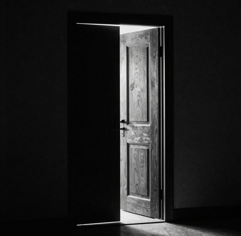 Cinematic high-contrast black and white photograph of a solitary heavy wooden door slightly ajar, a single shaft of light piercing the deep shadows, 35mm grain