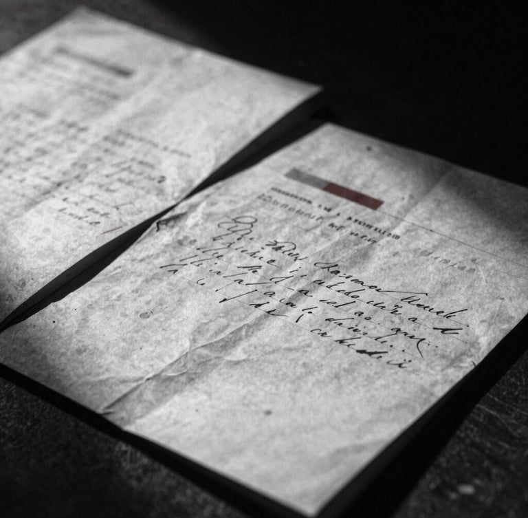 A close-up of weathered historical documents and handwritten letters with redacted lines, harsh low-key dramatic lighting, high contrast black and white, 35mm grain.