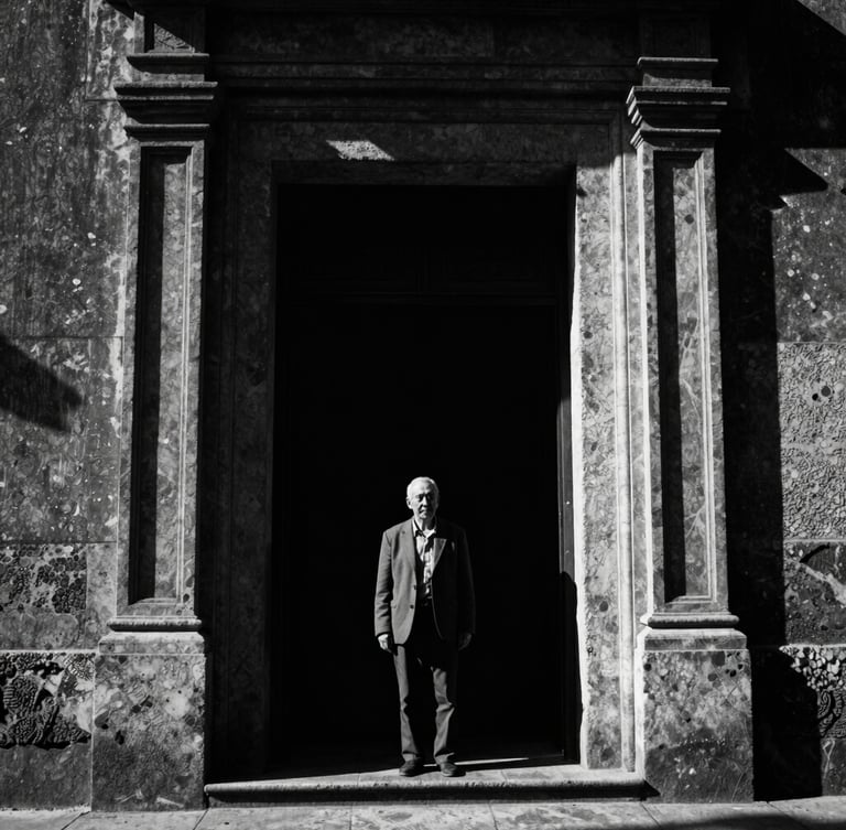 A high-contrast black and white photograph of a solitary figure standing at a massive stone doorway, dramatic single-source chiaroscuro lighting, deep shadows, cinematic grain.