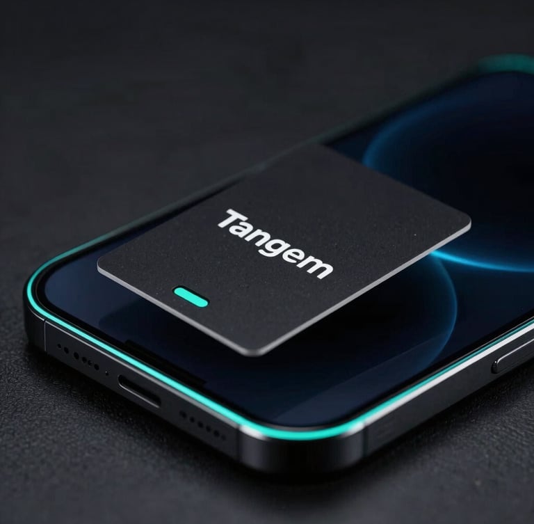 Sleek black Tangem card hovering over a modern dark smartphone screen, neon cyan rim lighting, macro lens, sharp focus on the NFC contact point, dark studio background