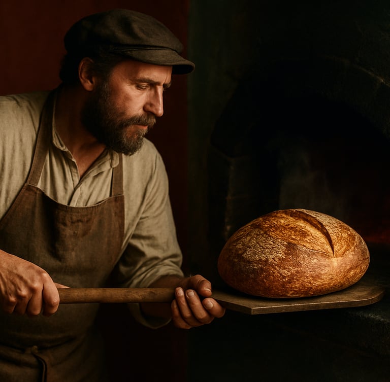 A rustic baker pulling a fresh, steaming loaf of sourdough from a stone oven, golden crust, moody lighting, 35mm film
