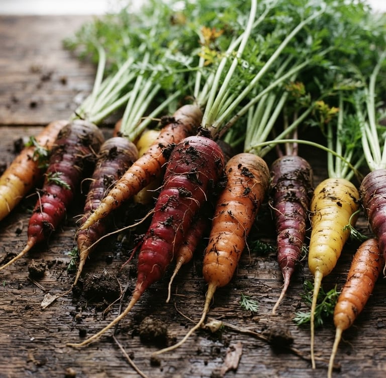 A close-up of freshly harvested heirloom carrots with damp soil on their roots, resting on a rustic wooden table in soft, natural morning daylight, 35mm film style.
