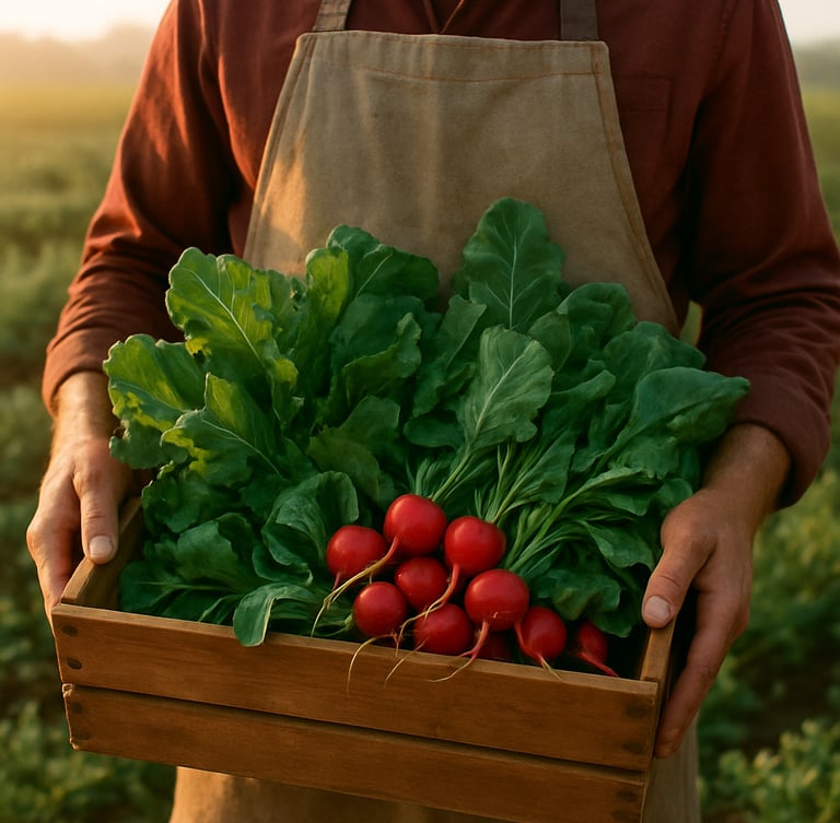 A farmer in a canvas apron gently holding a wooden crate filled with leafy greens and bright red radishes, standing in a sun-drenched field at dawn, soft shadows.