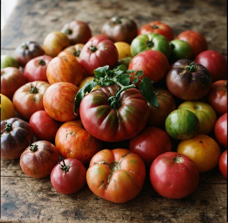 Warm editorial close-up of fresh, raw heritage tomatoes on a rustic wooden table, soft natural north-facing daylight with rich shadows, 35mm film