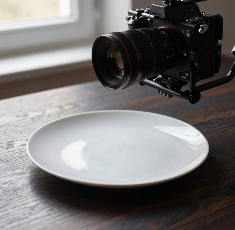 A close-up, high-contrast shot of a professional camera rig focused on a minimalist Scandinavian food plate, soft natural window light casting gentle shadows on a dark oak table, clean composition.
