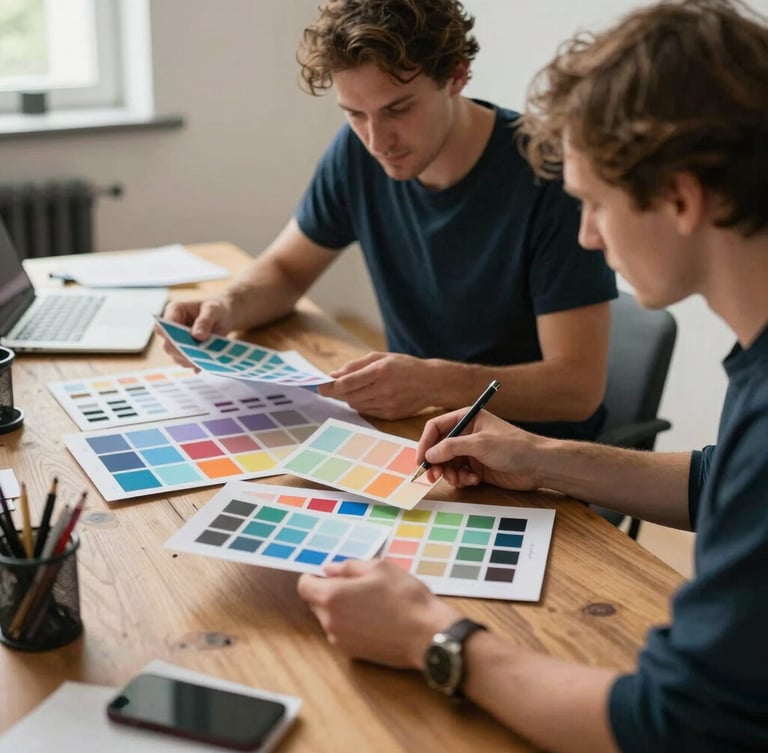 Candid behind-the-scenes shot of two creative directors reviewing physical mood boards on a wooden table, holding color swatches, soft natural light.