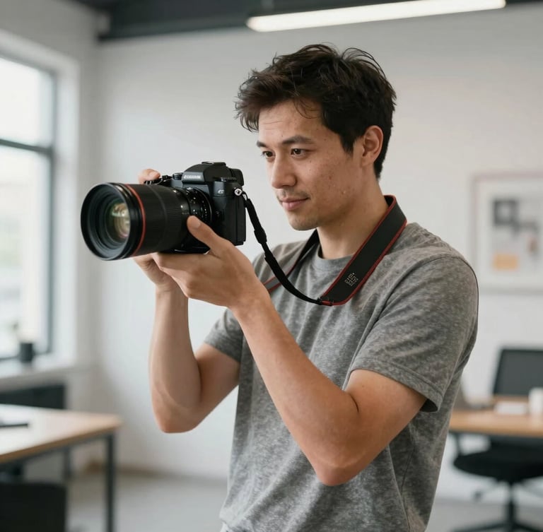 Candid portrait of a creative director holding a high-end camera, standing in a brightly lit modern studio, soft side lighting.