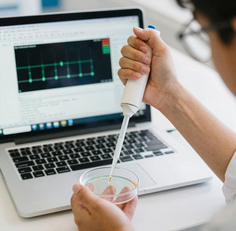 Medium close-up of a student's hands manipulating a pipette over a petri dish, with a laptop screen displaying bioinformatics software in the background, bright natural indoor light, candid, 35mm film style.