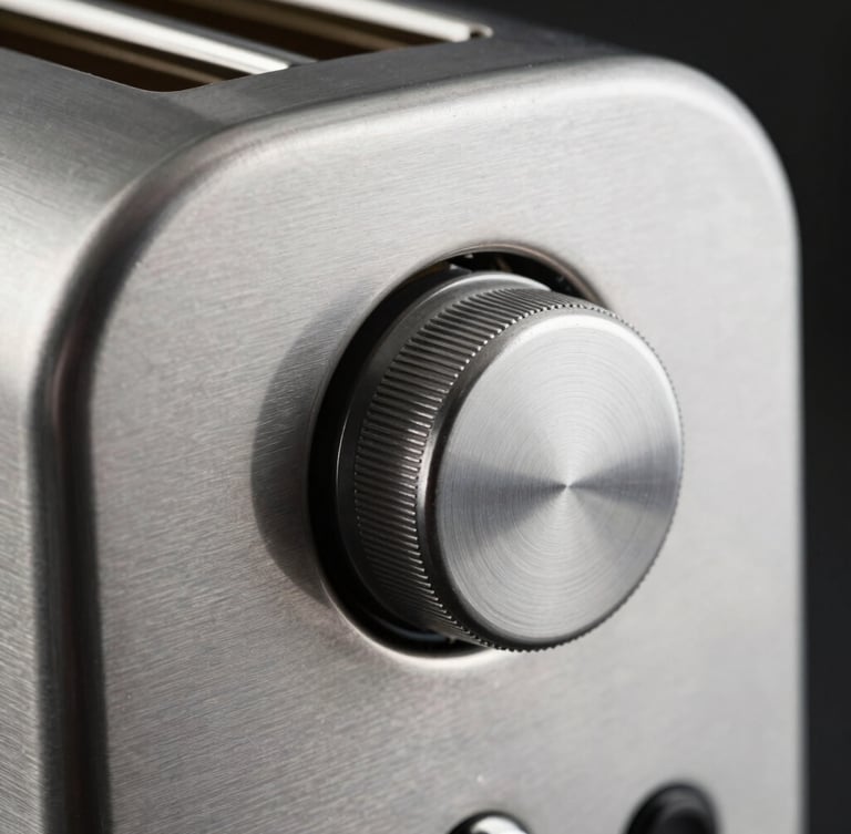 Extreme close-up of a brushed steel toaster dial, high-contrast side-lighting, heavy mechanical detent, sharp industrial product photography, 50mm