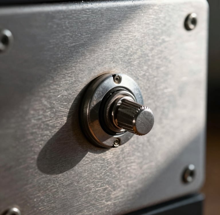 Extreme close-up of a heavy metal toggle switch on a brushed steel appliance, hard side-lighting, dramatic shadows, industrial machine detail, 50mm