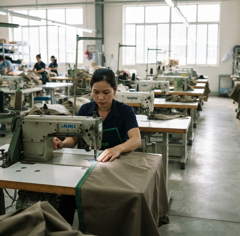 Industrial sewing machines aligned on a clean factory floor, bright natural daylight streaming through large windows, sharp focus on textile details, 35mm lens