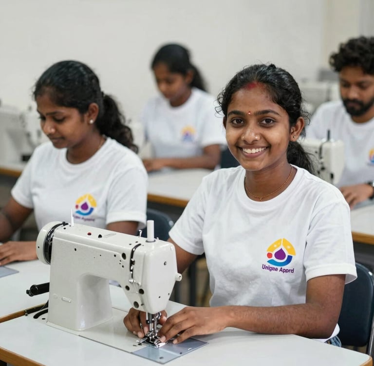 Industrial sewing machines aligned on a clean factory floor, bright natural daylight streaming through large windows, sharp focus on textile details, 35mm lens