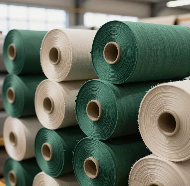 Close-up of organic fabric rolls in deep green and natural tones, stacked neatly in a bright warehouse, clean industrial aesthetic, 35mm lens