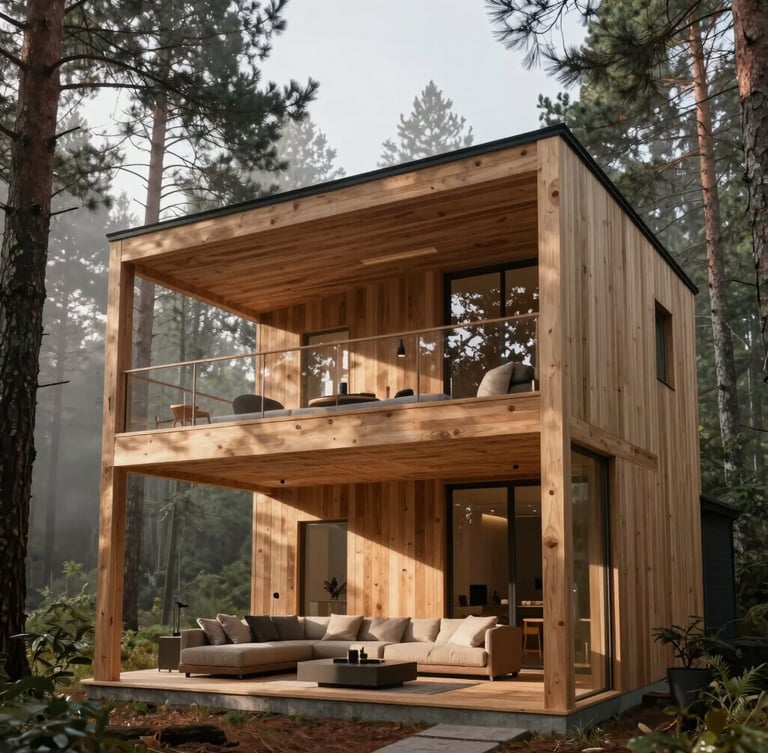 Interior of a modern wooden cabin showing a high-ceiling living room with a minimalist wooden mezzanine loft, sunlight filtering through pine trees outside, architectural rendering, warm larch wood