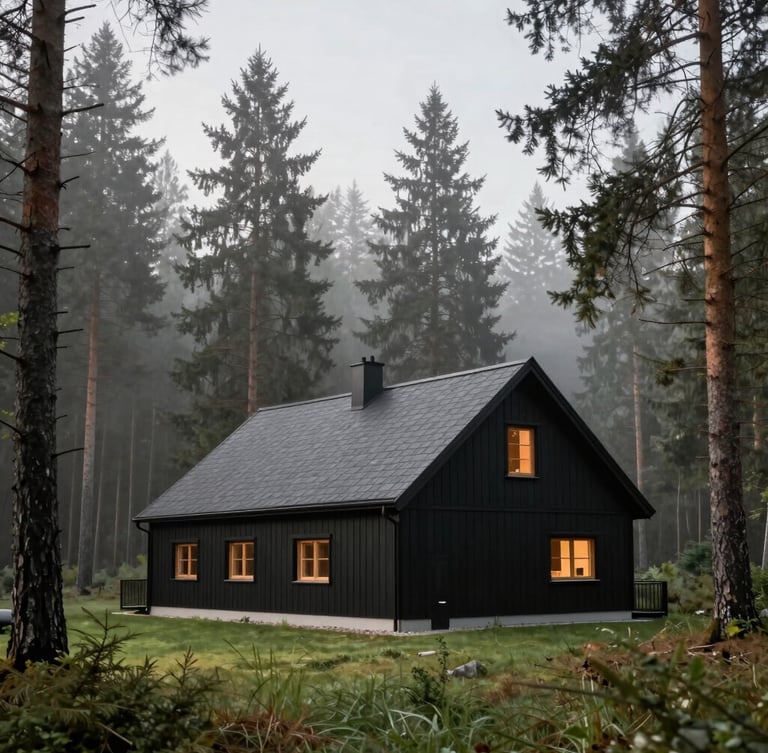 Wide environmental shot of a modern black timber barn house nestled deeply among tall misty pine trees in Góry Sowie, soft overcast morning light, 35mm lens