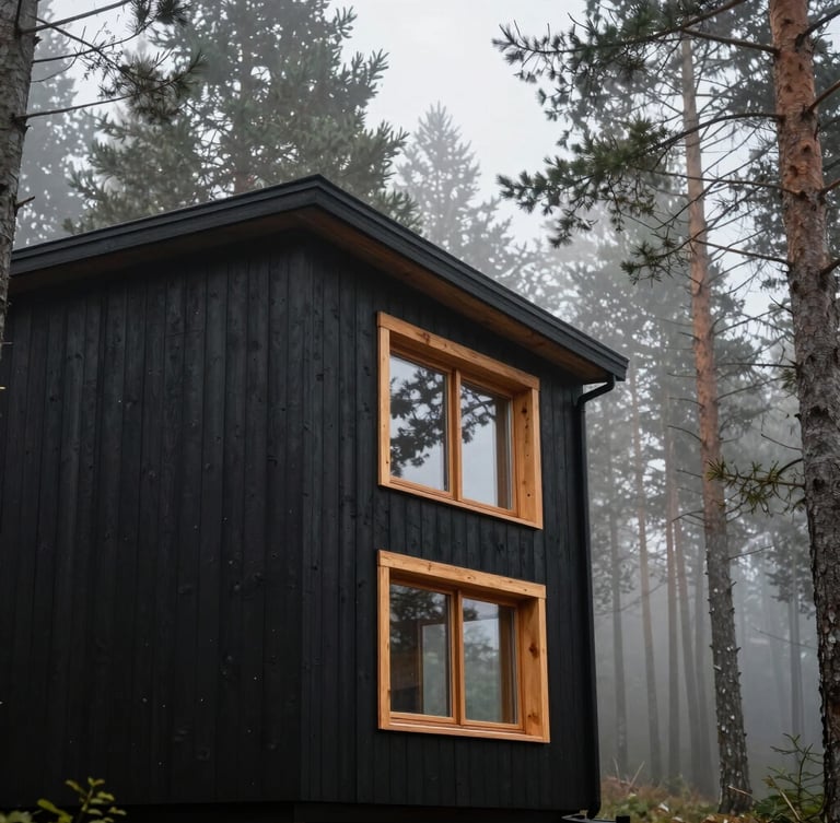 A vertical portrait of a modern black timber cabin facade integrated into a misty pine forest in Gory Sowie, warm larch wood details around the windows, soft morning light.
