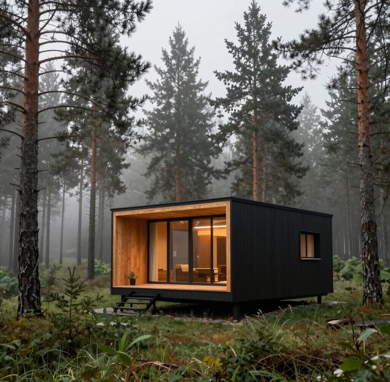 Wide architectural photography of a modern black timber cabin integrated into a dense misty pine forest in Gory Sowie, soft overcast morning light, warm larch wood accents on facade