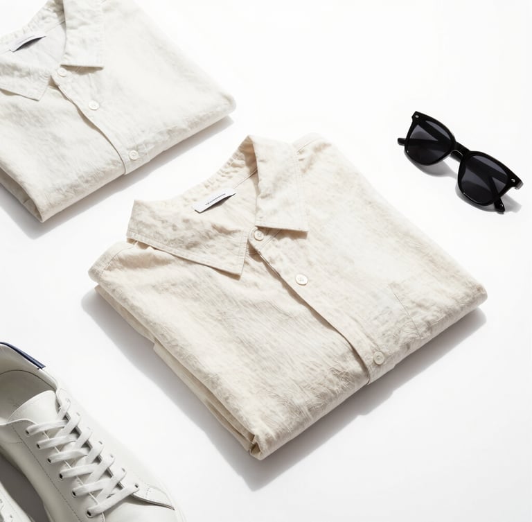 Flat-lay photography of minimalist apparel, folded linen shirts, leather sneakers, and designer sunglasses on a crisp white background, bright high-key studio lighting, soft shadows, 50mm lens