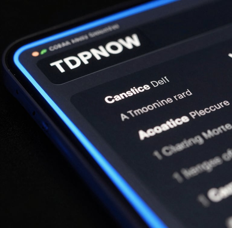 High-contrast screenshot of a dark-mode web application interface with sharp electric blue borders and clean typography, angled perspective