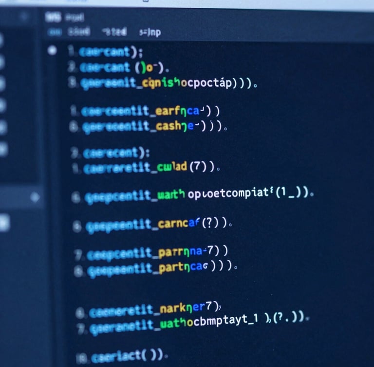Macro shot of a clean, structured code interface illuminated by low-key, high-contrast electric blue studio lighting, deep shadows.