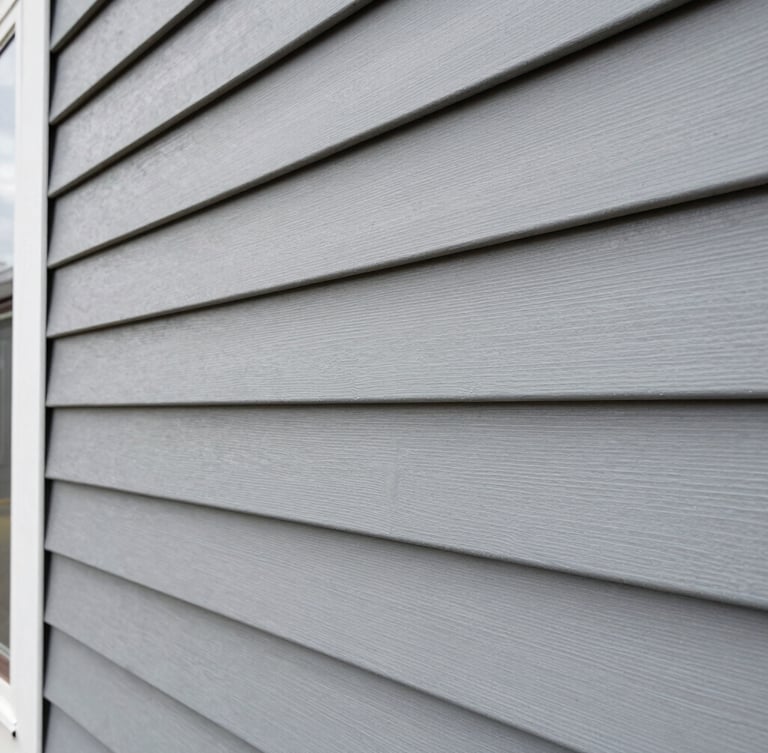 Close-up macro shot of crisp gray vinyl siding panels perfectly aligned on a residential exterior, sharp construction photography, bright daylight.