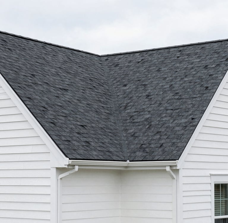 Wide-angle exterior shot of a Syracuse home with a newly installed dark shingle roof and clean siding, sharp construction photography, bright overcast daylight.