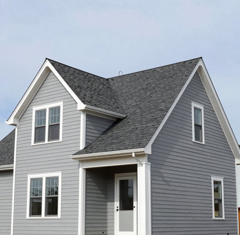 Sharp construction photography of a beautifully completed residential home in the Westcott neighborhood of Syracuse, showcasing clean gray siding, a flawless dark shingle roof, and bright white trim under a clear sky.