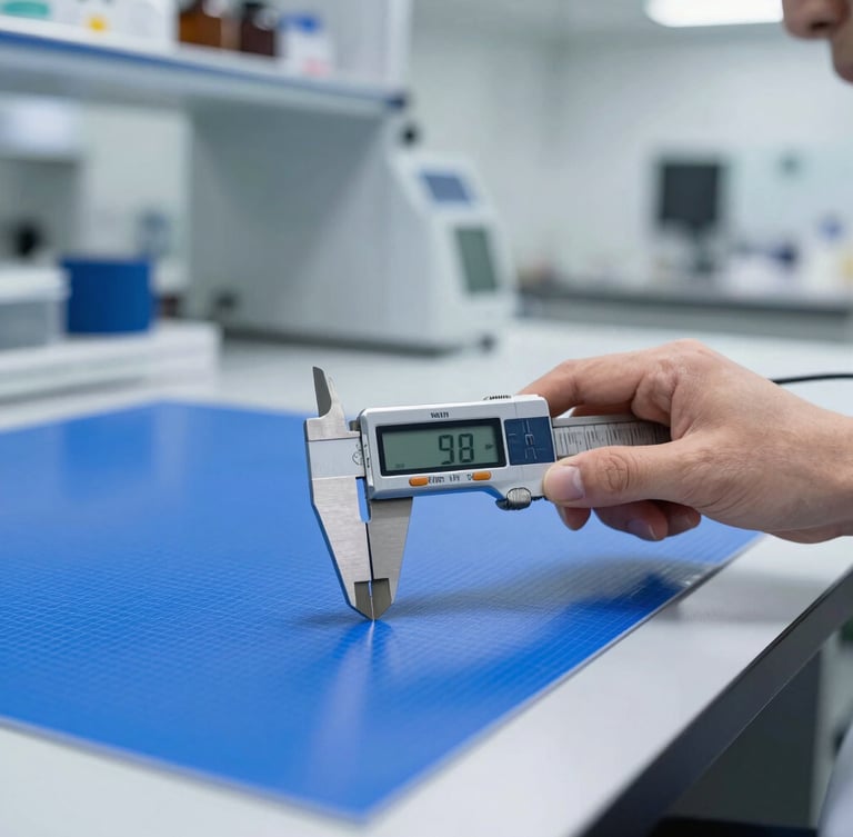 Industrial laboratory setting with a technician operating a digital polymer thickness testing caliper on a structured blue PP sheet, bright clean warehouse lighting, macro focus
