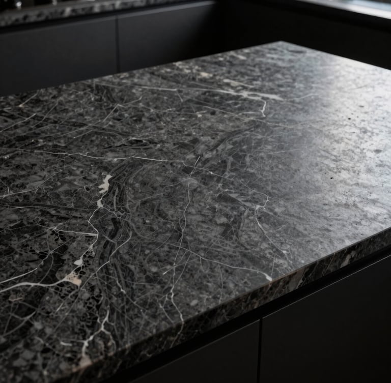 Close-up of a luxury kitchen countertop, dramatic side-lighting highlighting the continuous vein pattern of quartz, dark moody tones, sharp focus on stone textures, 35mm architectural lens.
