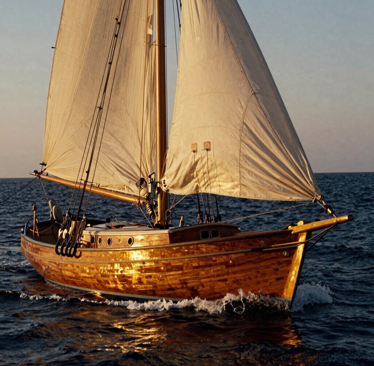 A portrait editorial shot of a classic wooden sailboat cutting through deep navy waters at golden hour, warm light reflecting on salt-crusted brass, 35mm film grain