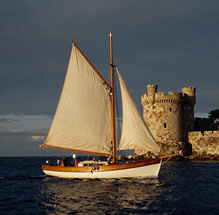 Moody golden hour shot of a classic wooden sailboat cutting through deep blue water near a weathered stone castle, 35mm film grain