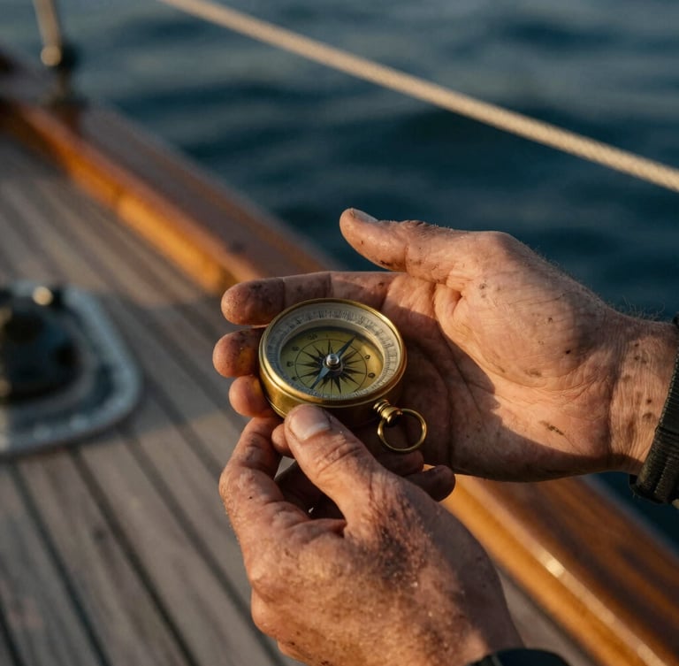 Tactile close-up of weathered hands holding a vintage brass navigational compass on a wooden sailboat deck, soft golden-hour light, rich textures