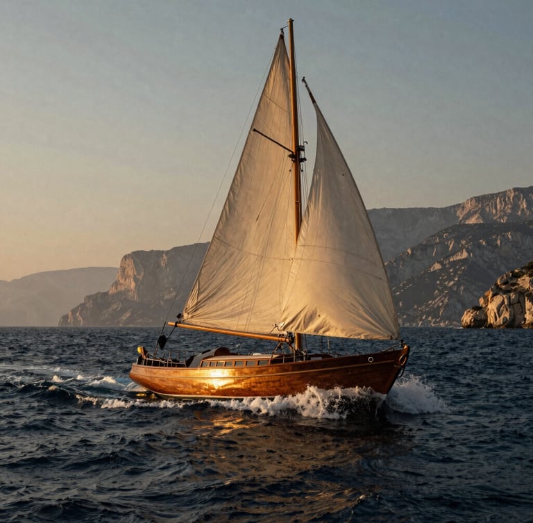 A classic wooden sailboat cutting through deep navy Adriatic water at golden hour, dramatic spray rising from the bow, misty limestone cliffs in the far distance.