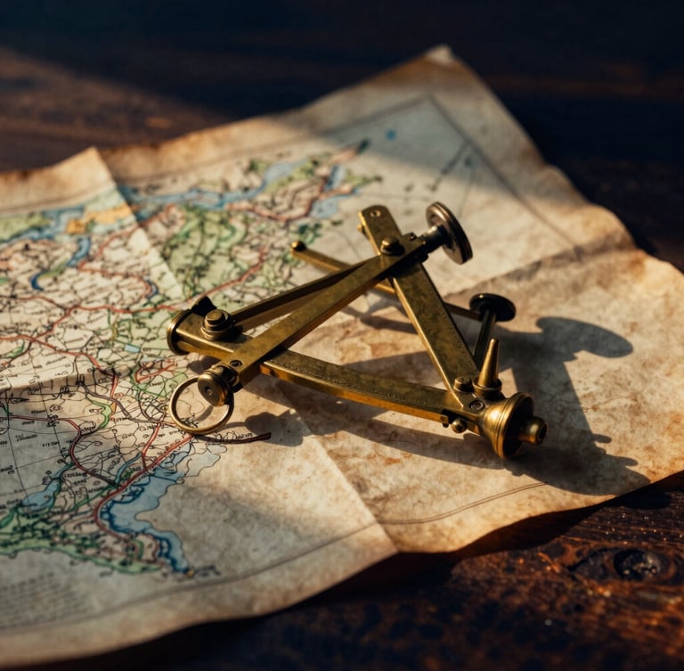 A close-up of a vintage brass sextant resting on a weathered parchment map, dramatic golden hour light casting long shadows across dark wood.