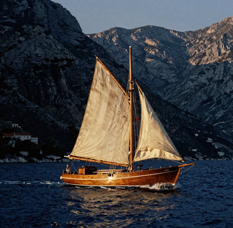A vintage wooden sailboat cutting through deep navy Adriatic waters at golden hour, weathered sails, dramatic coastal cliffs of Montenegro in the soft background, 35mm film grain.