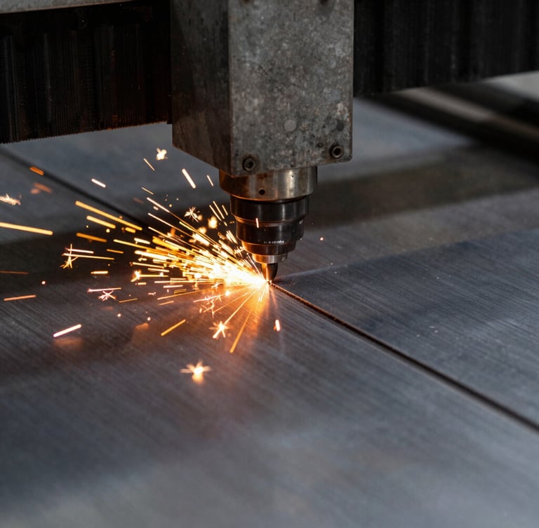 Macro detail shot of a fiber laser cutter slicing a sheet of stainless steel, brilliant orange sparks flying, clean zero-distortion cut edge visible, dark steel grey background, high-contrast.