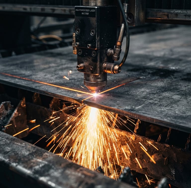 Macro close-up of a high-power fiber laser cutting head slicing through stainless steel, brilliant orange sparks spraying outward, cool steel background, sharp focus, 50mm lens