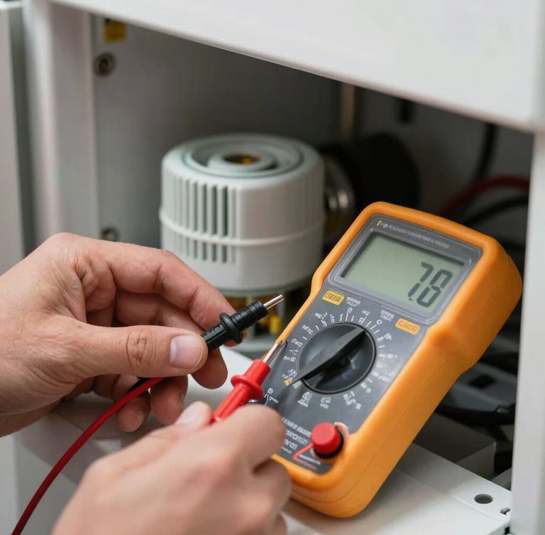 Tight macro shot of a technician's hand using a digital multimeter to test a refrigerator thermostat, clean indoor lighting, focus on tools