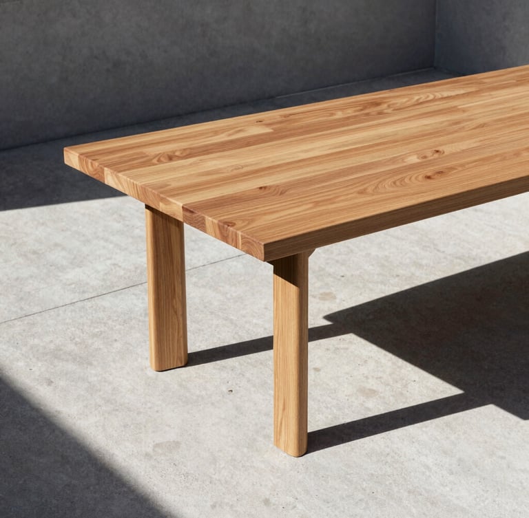 Architectural dining table on a raw concrete terrace, sharp structural shadows from harsh direct sunlight, warm cedar wood grain, minimalist composition, 35mm