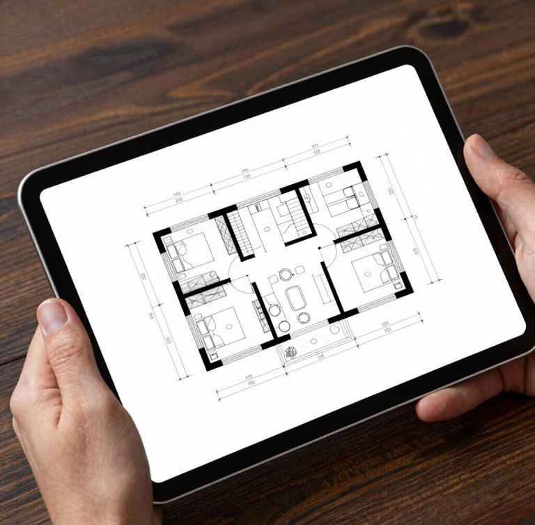 A close-up of a modern tablet screen displaying architectural floor plans, held by hands over a dark wooden table, crisp high-contrast lighting.