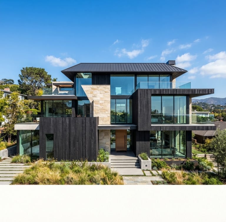 High-contrast architectural photography of a modern residential building exterior under bright natural daylight, wide-angle lens, sharp lines