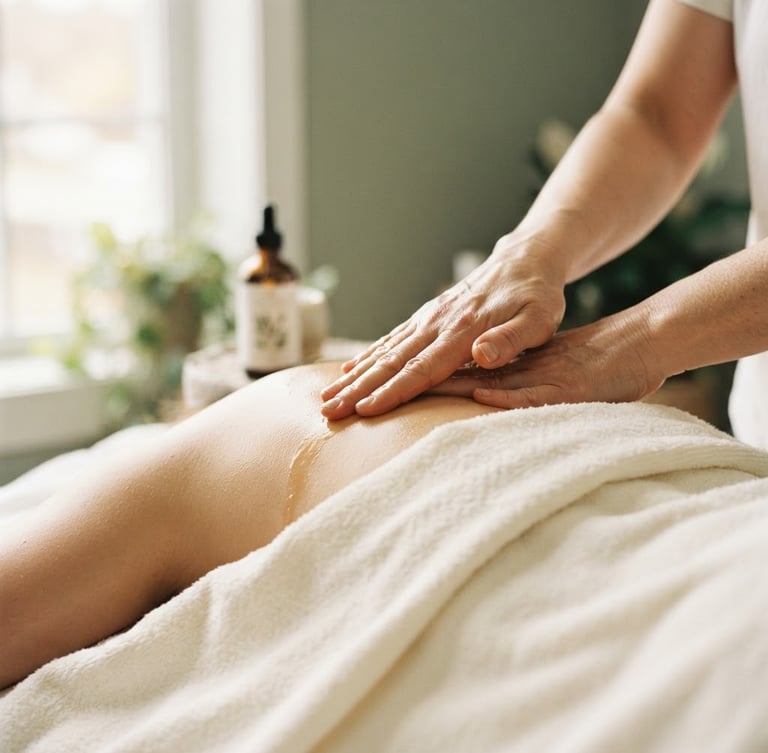 Close-up of a therapist's hands gently applying botanical oil to smooth skin, soft morning window light, pristine white towel, sage green accents, shallow depth of field, 35mm.