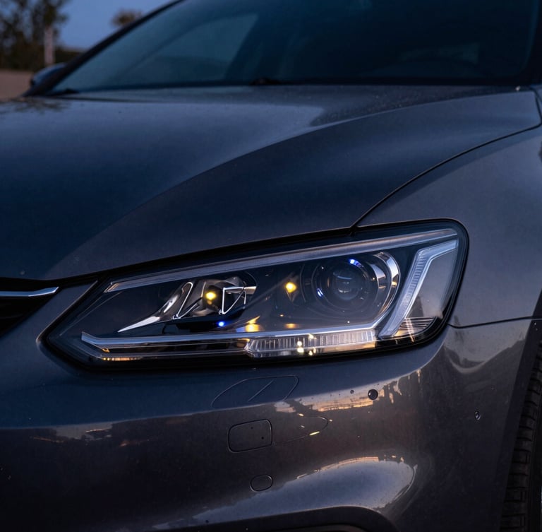 Close-up macro shot of a clean modern car headlight reflecting downtown Tucson streetlights at twilight, deep charcoal tones