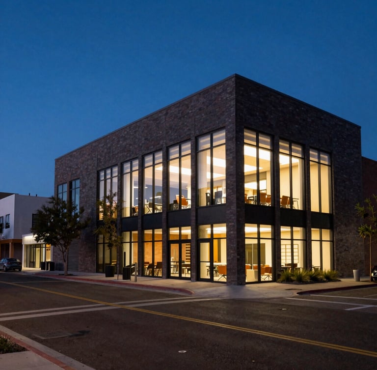 Wide environmental shot of a clean modern downtown Tucson streetscape at twilight, warm interior office glow, 35mm