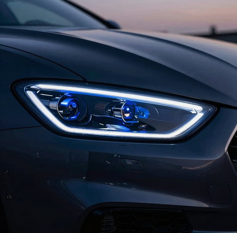 Close-up macro shot of a modern luxury sports car headlight reflecting twilight electric blue streetlights, dark graphite paint, sharp focus, 35mm