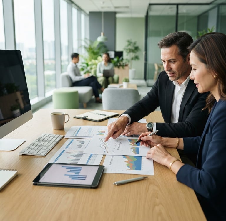 A clean corporate photography of a professional financial consultation in a modern bright office, hands reviewing clear financial charts on a desk, natural daylight, soft green and gray tones, 35mm lens