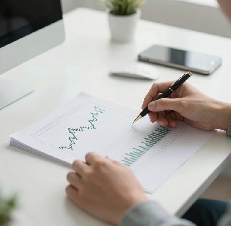 Close-up of hands reviewing financial charts on a clean desk, bright natural daylight, modern office setup